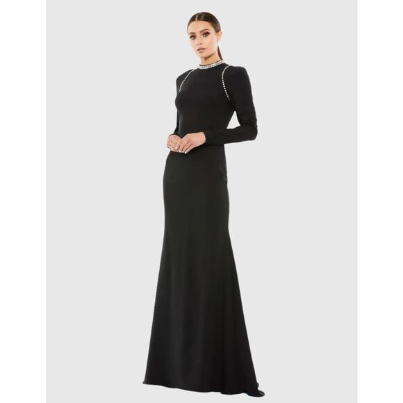 Ieena for Mac Duggal Black Raglan Long Sleeve High Neck Gown - Size 8 - NWT - Picture 1 of 6